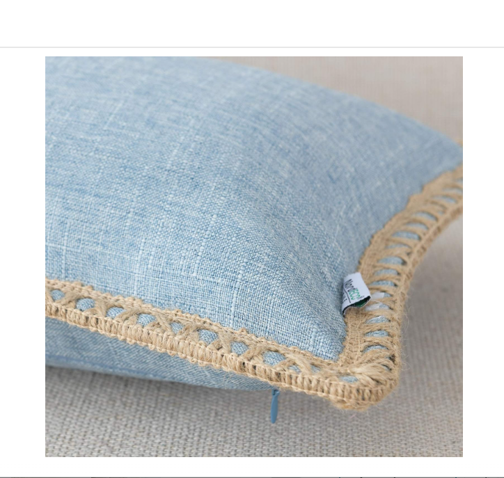 NordECO HOME Set of 2 Farmhouse Throw Pillow Covers - Burlap Linen Trimmed Tailored Edges Decorative Cushion Covers for Bed Home Decoration, 12 x 20, Light Blue