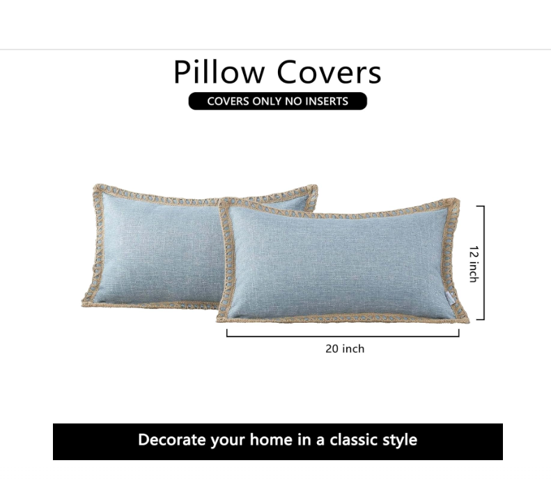NordECO HOME Set of 2 Farmhouse Throw Pillow Covers - Burlap Linen Trimmed Tailored Edges Decorative Cushion Covers for Bed Home Decoration, 12 x 20, Light Blue