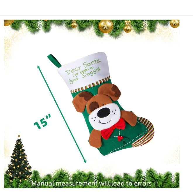 Dog Christmas Stockings Embroidered Pet Puppy Linen Fleece Cuff Socks Ornaments for Xmas Tree Hanging Decor Party Gifts Bag,15''