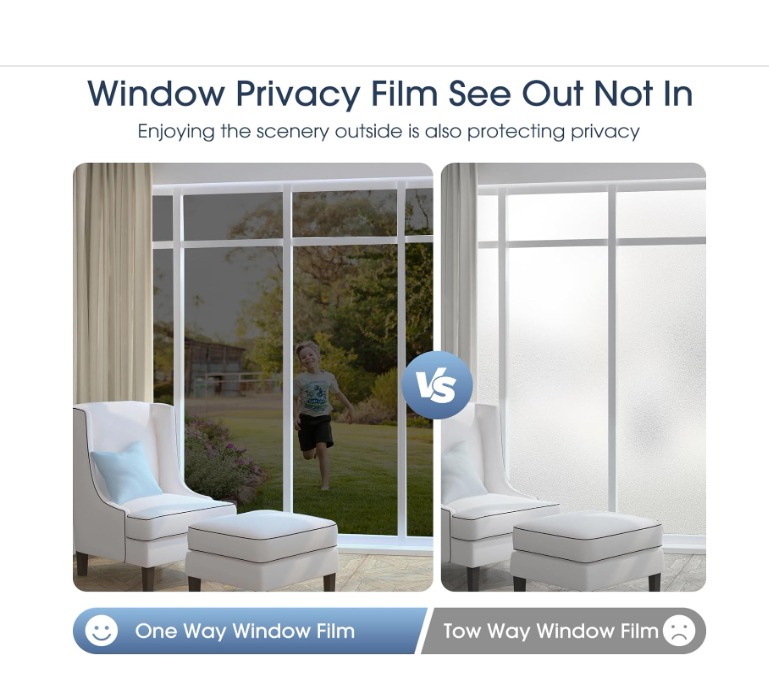 Coavas One Way Privacy Window Film Reflective Window Film See Out Not in Window Film Sun Blocking Heat Control Anti UV Non-Adhesive Static Cling for Home Office, 35.4 Inch X 6.5 Feet
