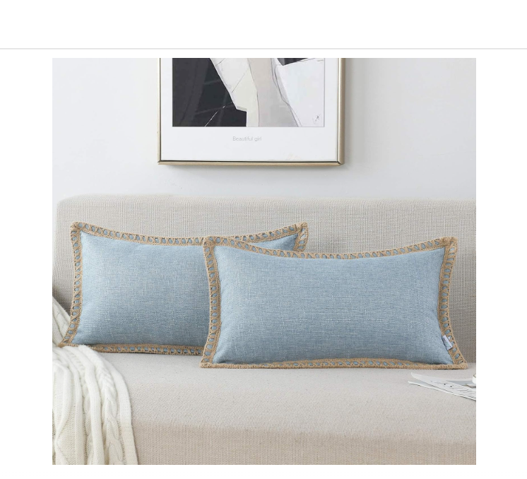 NordECO HOME Set of 2 Farmhouse Throw Pillow Covers - Burlap Linen Trimmed Tailored Edges Decorative Cushion Covers for Bed Home Decoration, 12 x 20, Light Blue