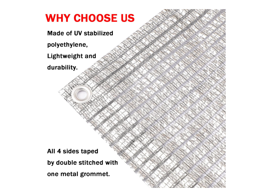 65% Aluminet Shade Cloth with Grommets Mesh Sun Block Fabric Cover Canopy Sun Reflect Pet Shade Garden 10ft x 18ft