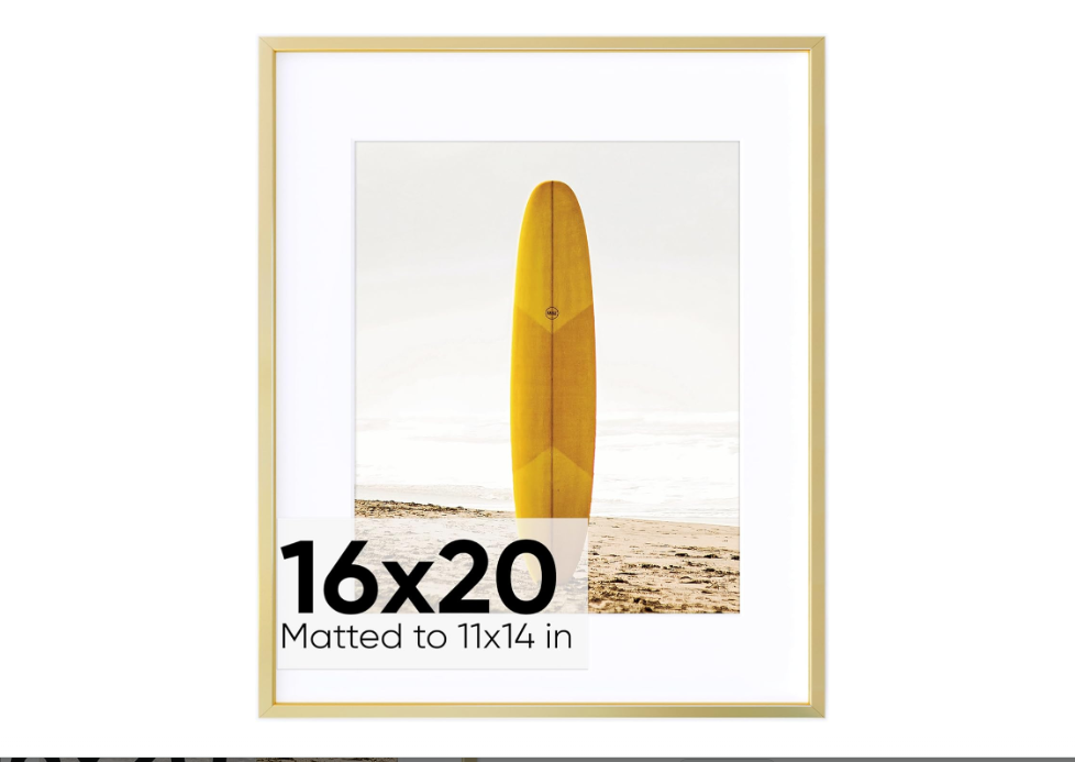 Homeforia 16x20 Gold Frame Matted to 11x14 - Metal 16 x 20 Picture Frames For Wall - Aluminum 16 by 20 Poster Frame - Tempered Glass - Wall Hook Included - Set of 1