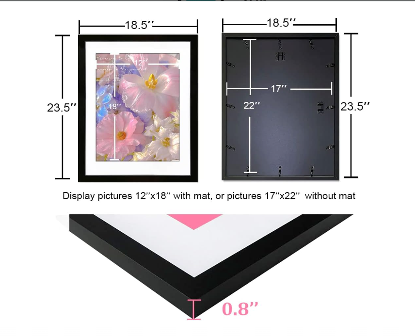 17x22 Frame Black, Wooden Photo Frame Display Pictures 12x18 with Mat or 17x22 Without Mat, Home Wall Decor Gallery Poster-1PCS