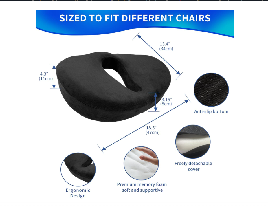 Ergonomic Seat Cushion, Office Chair, Car Seat Cushions, Extra Think Memory Foam Butt Pillow for Sciatica, Tailbone, Coccyx, Back Pain Relief – Washable Gray n Black Covers