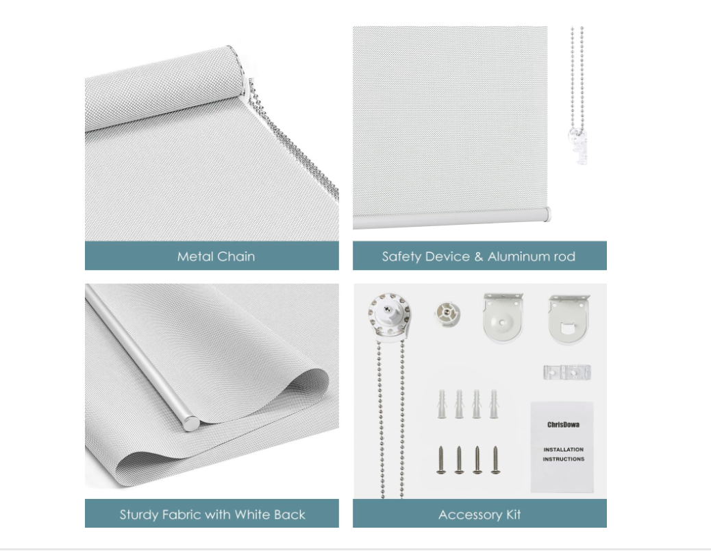 ChrisDowa Light Filtering Roller Shades, with 5% Openness Solar Screen, Flame Retardant, Water Proof Fabric. Solar Semi Sheer Roller Blinds for Office and Home. Easy to Install.Grey,58" W x 72" H