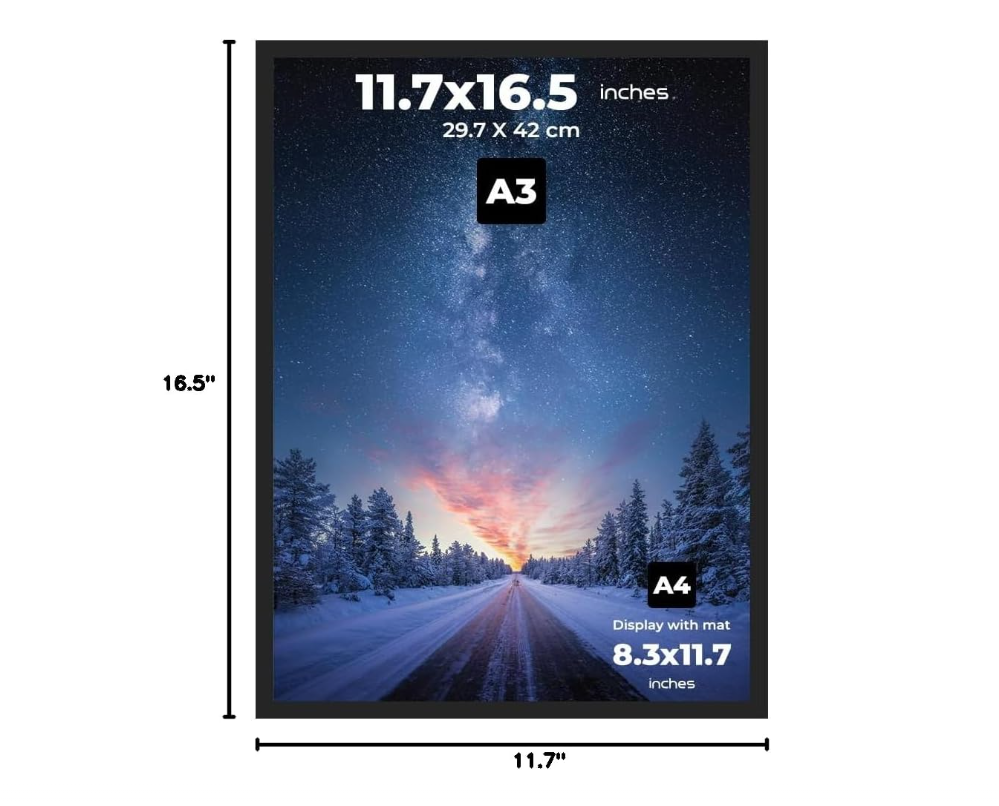 A3 Frame Black Display 11.7 x 16.5 inch Posters and Pictures - Horizontal and Vertical Wall Hanging Option