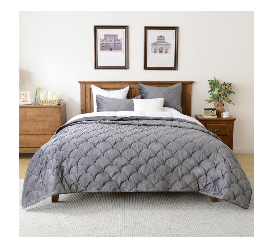 HORIMOTE HOME Velvet Quilt Set Twin Size, Grey Luxury Velvet Comforter Set 2 Pieces Soft Warm Bedding Set Coverlet with 1 Sham, Geometric Pattern Quilted Bedspread for All Season