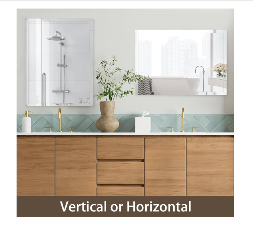 16x24 inch Beveled Bathroom Mirror, Rectangle Frameless Mirror, 1" Polished Beveled Edge Wall Mirror, Beveled Square Mirror for Bathroom, Living Room, Bedroom
