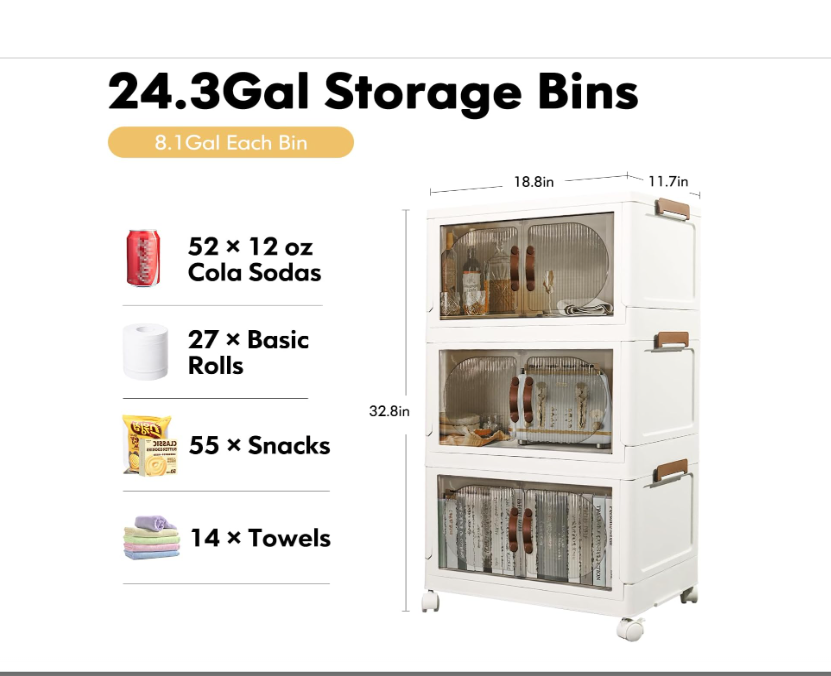 KHS Bathroom Organizers and Storage, 3 Pack 24QT Stackable Storage Bins for Clothing, Folding Storage Box with Dual Doors and Wheels for Kitchen Bathroom Vanity Pantry Storage Organizer Bins