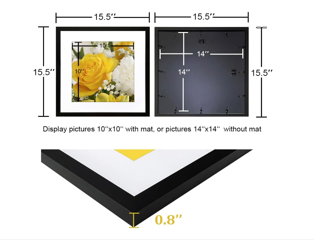 ITIMIDI 14x14 Frame, Display Pictures 10x10 with White Mat or 14x14 Without Mat, Black Photo Poster Picture Frame - 3 PCS
