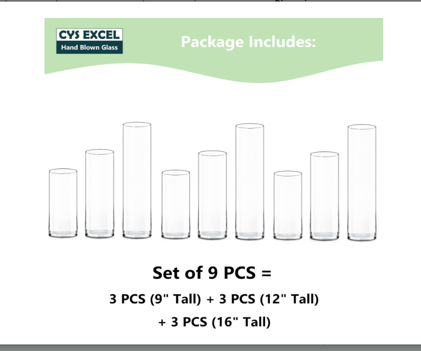 CYS EXCEL 9 PCS Glass Cylinder Clear Vases Flowers Centerpieces Wedding Hurricane Floating Candle Holders Home Décor, Diameter 4", Assorted Heights 9"+12"+16"
