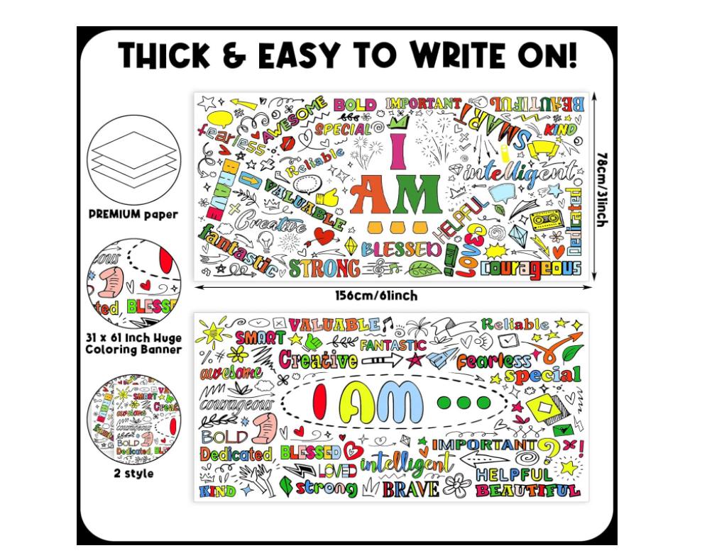 Weekgrat 2 Pcs Positive Affirmations Coloring Poster 31 x 61 Inch Huge Coloring Banner Paper Giant Coloring Poster Large Positive Coloring Tablecloth for Kids Classroom Home Birthday Party Supplies
