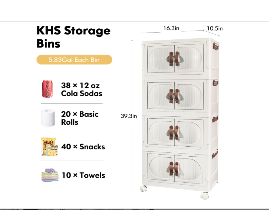 KHS Collapsible Storage Bins, 4 Tier 5.83 Gal Storage Box with Lids Wheels, Closet Organizers and Storage for Kitchen Bedroom Bathroom Office, Beige 16.3"*10.5"*39.3"