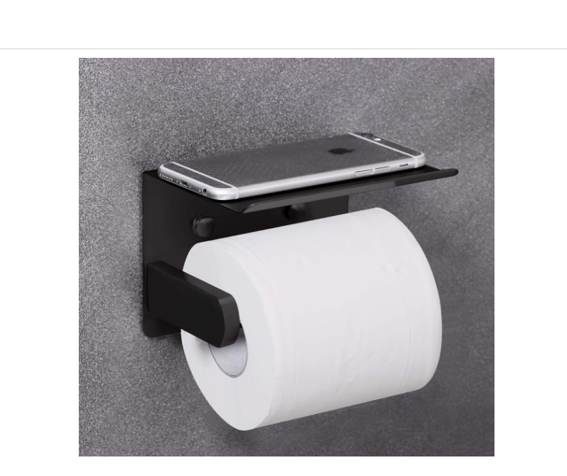 VAEHOLD Self Adhesive Toilet Paper Holder with Phone Shelf Stainless Steel Wall Mounted Toilet Paper Roll Holder - Rustproof and Bathroom Washroom Tissue Roll Holder with Shelf - Black