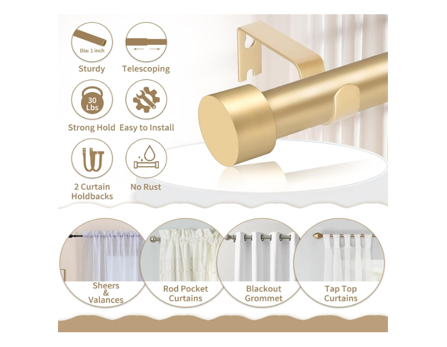 Gold Curtain Rod for Window 36-72’’(3-6ft), YNL Long Drapery Rods with 2PCS Curtain Holdbacks, Adjustable Heavy Duty Curtain Rod with Cap Finials, Gold Modern Curtain Rod
