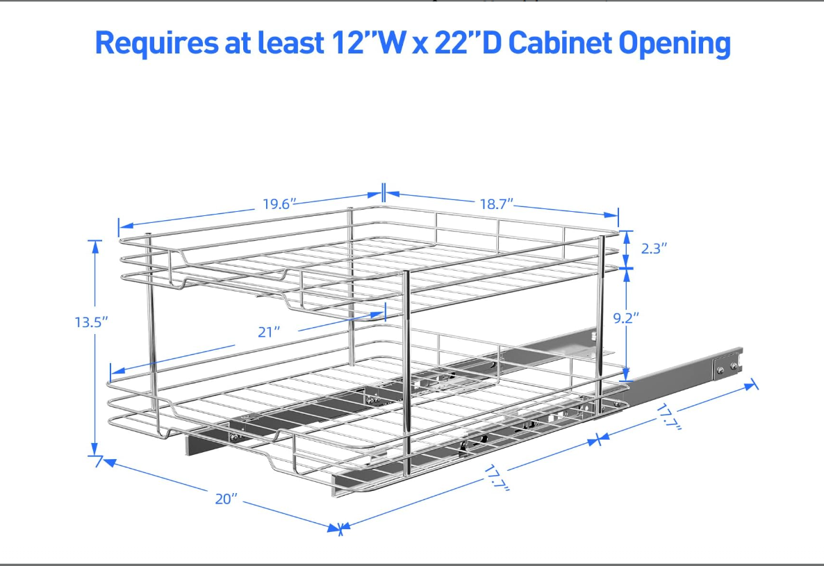 2 Tier Pull-out Cabinet Organizer, 20" W x 21" D Kitchen Under Sink Organizer, Slide Out Home Spice Rack Storage for Pots and Cans, Drawer Pantry Shelf Organization for Bathroom Base, Chrome