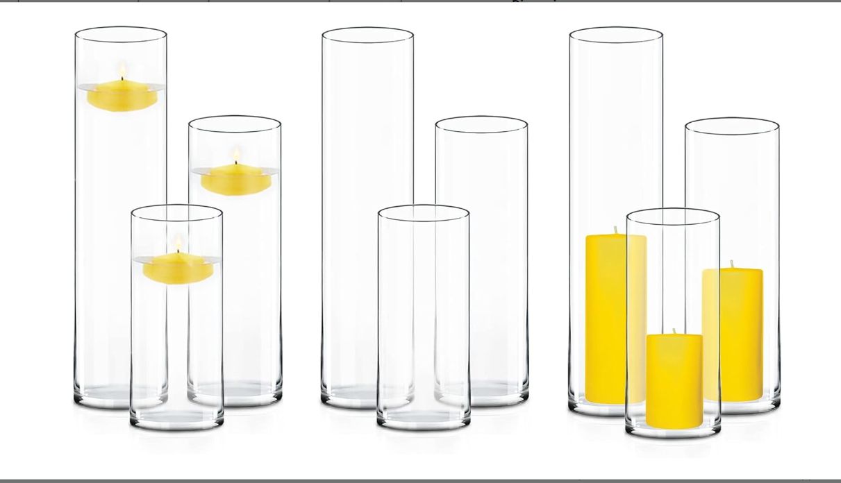 CYS EXCEL 9 PCS Glass Cylinder Clear Vases Flowers Centerpieces Wedding Hurricane Floating Candle Holders Home Décor, Diameter 4", Assorted Heights 9"+12"+16"