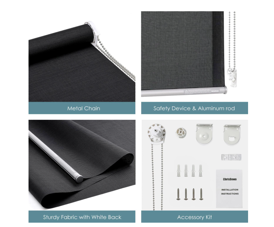 ChrisDowa Light Filtering Roller Shades, with 5% Openness Solar Screen, UV Protection Fabric. Solar Semi Sheer Roller Blinds for Office and Home. Easy to Install. Black, 33"W x 72"H