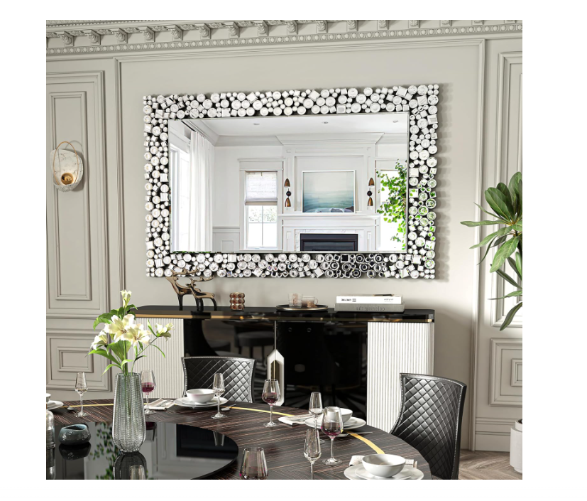ENENE Crystal Accent Mirrors -46.5" x 30" Large Mosaic Frame Decorative Wall Mirrors Rectangle Silver Mirror