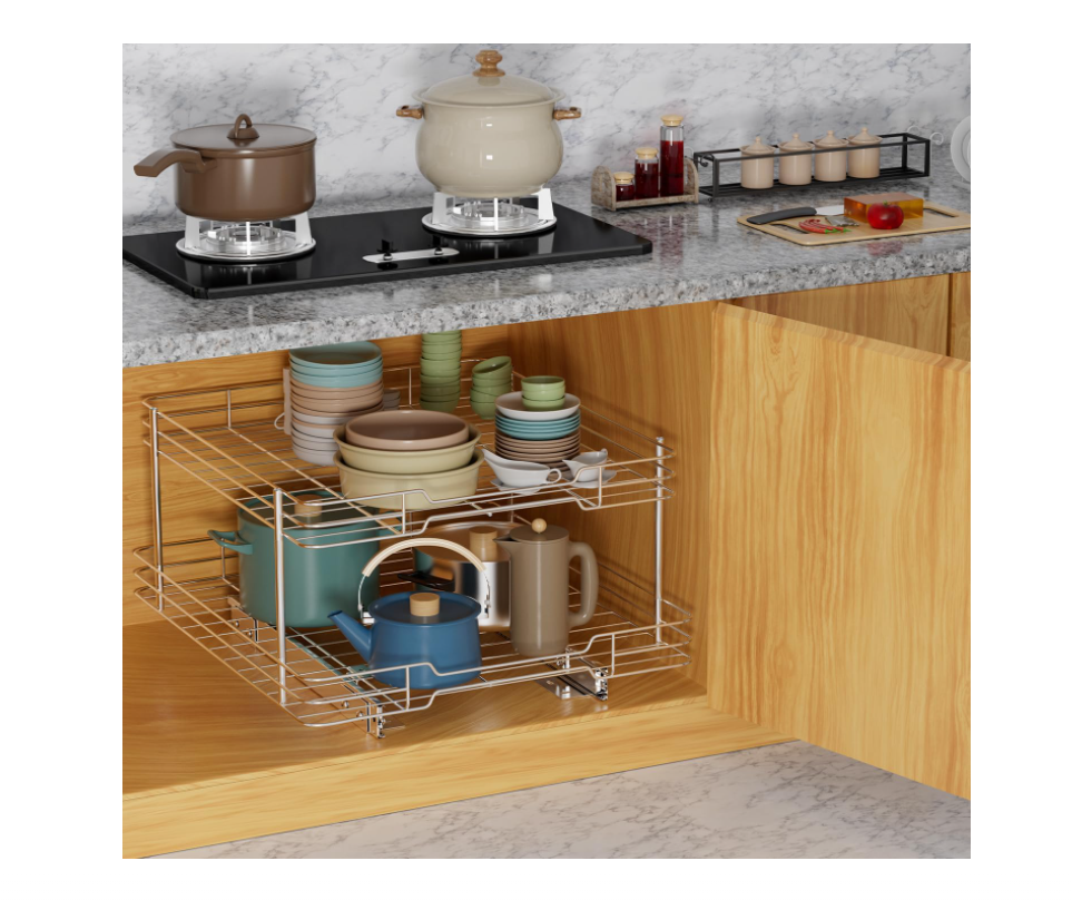 2 Tier Pull-out Cabinet Organizer, 20" W x 21" D Kitchen Under Sink Organizer, Slide Out Home Spice Rack Storage for Pots and Cans, Drawer Pantry Shelf Organization for Bathroom Base, Chrome