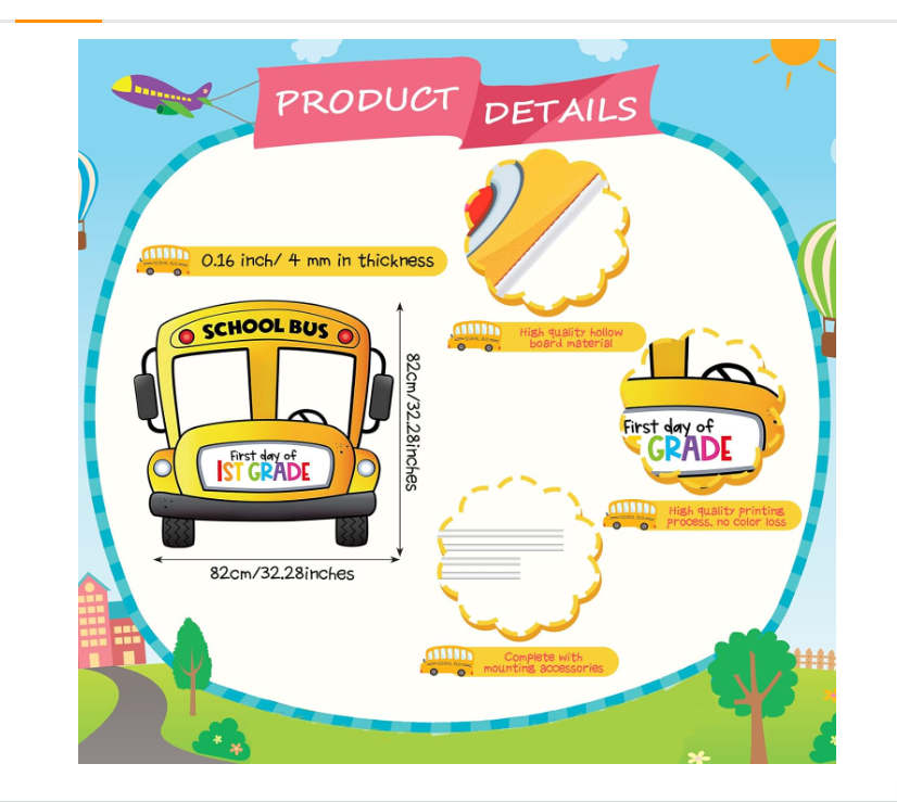 BBTO Back to School Decorations First Day of School Photo Props Bus Photo Booth Frame 35 Inch Welcome Decor Yellow Wheels on The Bus Party Sign for Teacher Student Classroom Party(1st Grade)