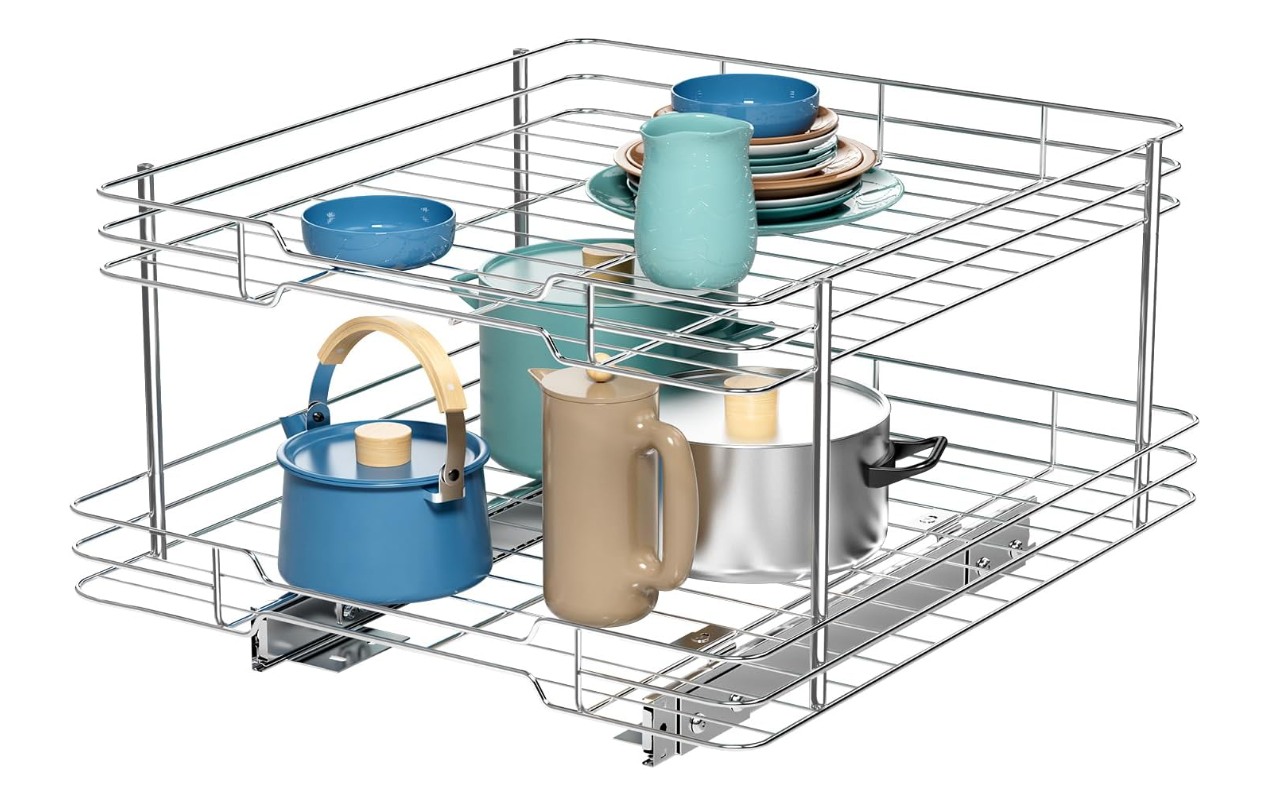 2 Tier Pull-out Cabinet Organizer, 20" W x 21" D Kitchen Under Sink Organizer, Slide Out Home Spice Rack Storage for Pots and Cans, Drawer Pantry Shelf Organization for Bathroom Base, Chrome