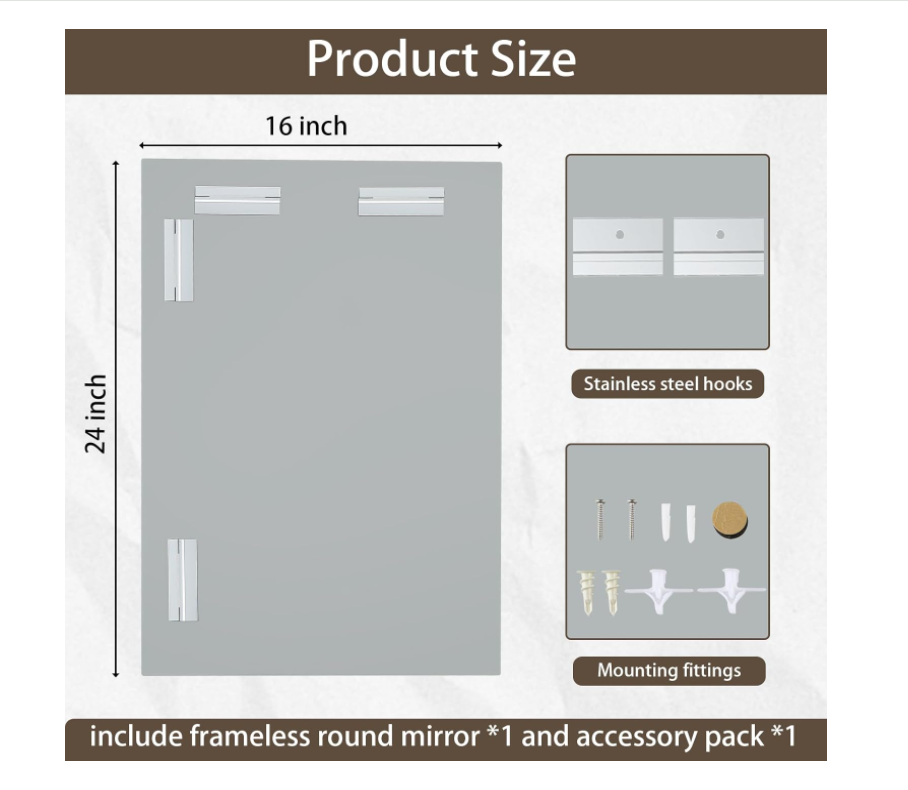 16x24 inch Beveled Bathroom Mirror, Rectangle Frameless Mirror, 1" Polished Beveled Edge Wall Mirror, Beveled Square Mirror for Bathroom, Living Room, Bedroom