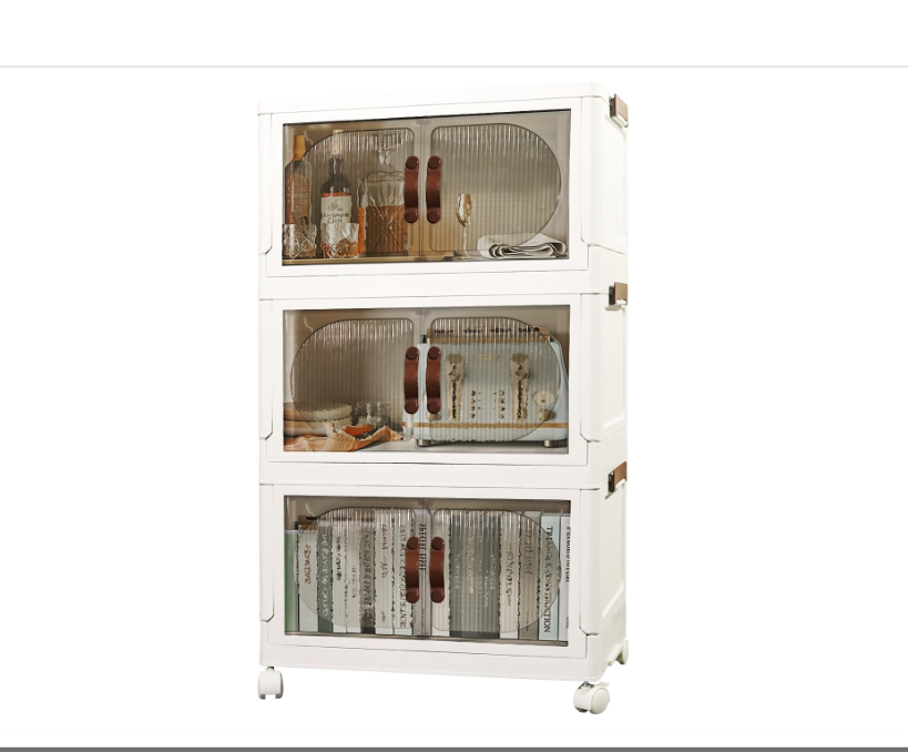 KHS Bathroom Organizers and Storage, 3 Pack 24QT Stackable Storage Bins for Clothing, Folding Storage Box with Dual Doors and Wheels for Kitchen Bathroom Vanity Pantry Storage Organizer Bins
