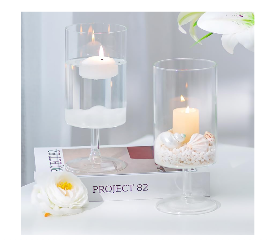 Romadedi Glass Hurricane Candle Holders - 8.6 inch Pillar Candle Holder Large Clear Flower Vases for Table Centerpieces Wedding Decoration, Set of 2