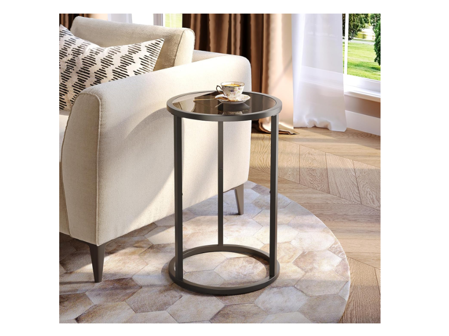 SAYGOER Small Side Table Round Glass End Table for Small Spaces Narrow Couch Night Stand Modern Bedside Table with Black Metal Frame for Bedroom Living Room, Easy Assembly