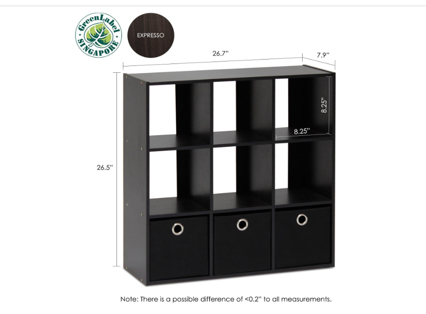 Furinno Simplistic 9-Cube Organizer with Bins, Small Size (Assembled unit dimensions : 7.9"D x 26.5"W x 26.7"H inches), Espresso/Black