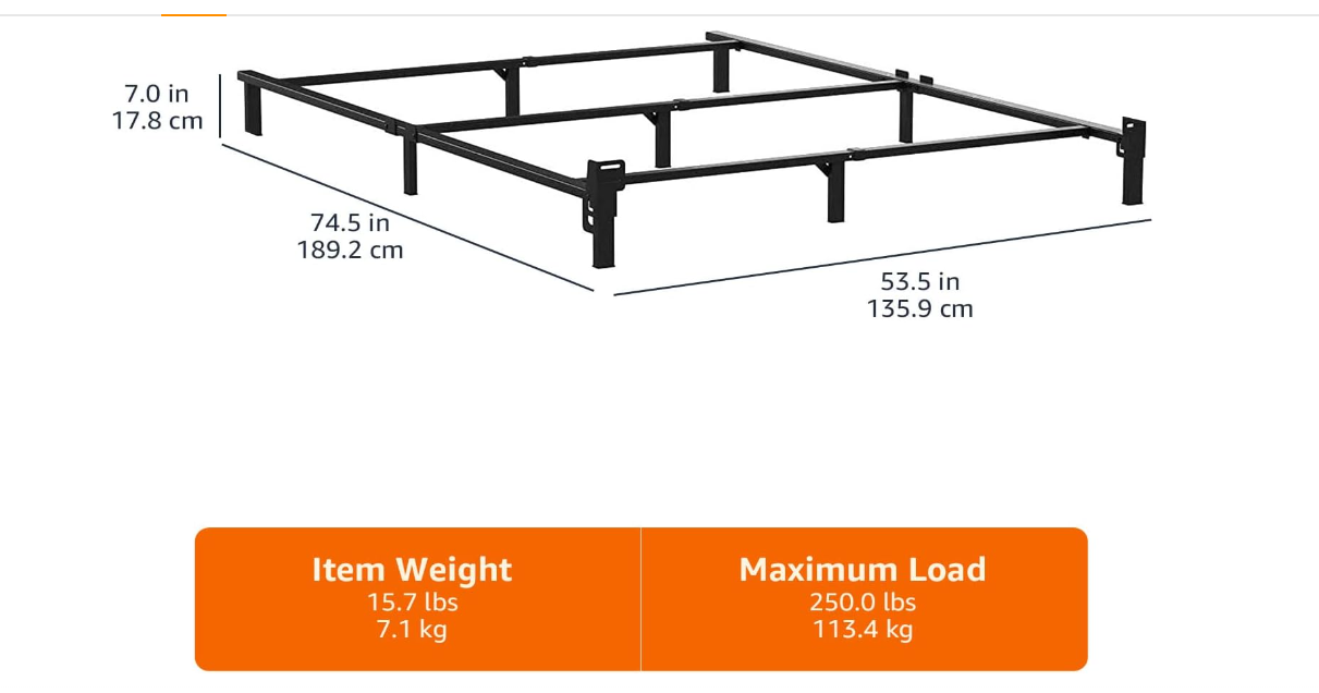Amazon Basics Metal Bed Frame, 9-Leg Base for Box Spring and Mattress, Full, Tool-Free Easy Assembly, Black, 74.5" L x 53.5" W x 7" H Visit the Amazon Basics Store