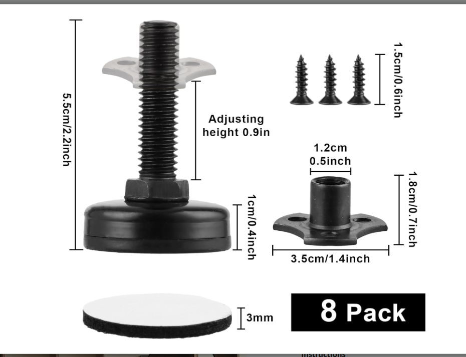ZOFORTY 8 Pack Adjustable Leveling Feet Furniture Levelers Heavy Duty Table Legs for Cabinets Sofa Chairs and Furniture Legs, T-Nut Kit 3/8”-16 Thread, Supports 1320LBs, Black