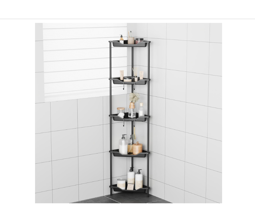 ODesign 5 Tier Floor Standing Corner Shower Caddy Organizer, Plastic Metal Floor Corner Shelf Storage Rack for Bathroom Black- Rustproof
