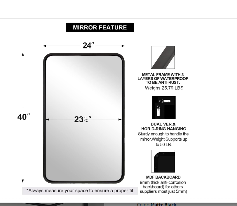 ANDY STAR Wall Mirror for Bathroom, 24x40 Inch Bathroom Vanity Mirror, Rounded Rectangle Mirror, Black Mirror Vanity in Tube Iron Metal Wall-Mounted Mirrors Horizontal/Vertical
