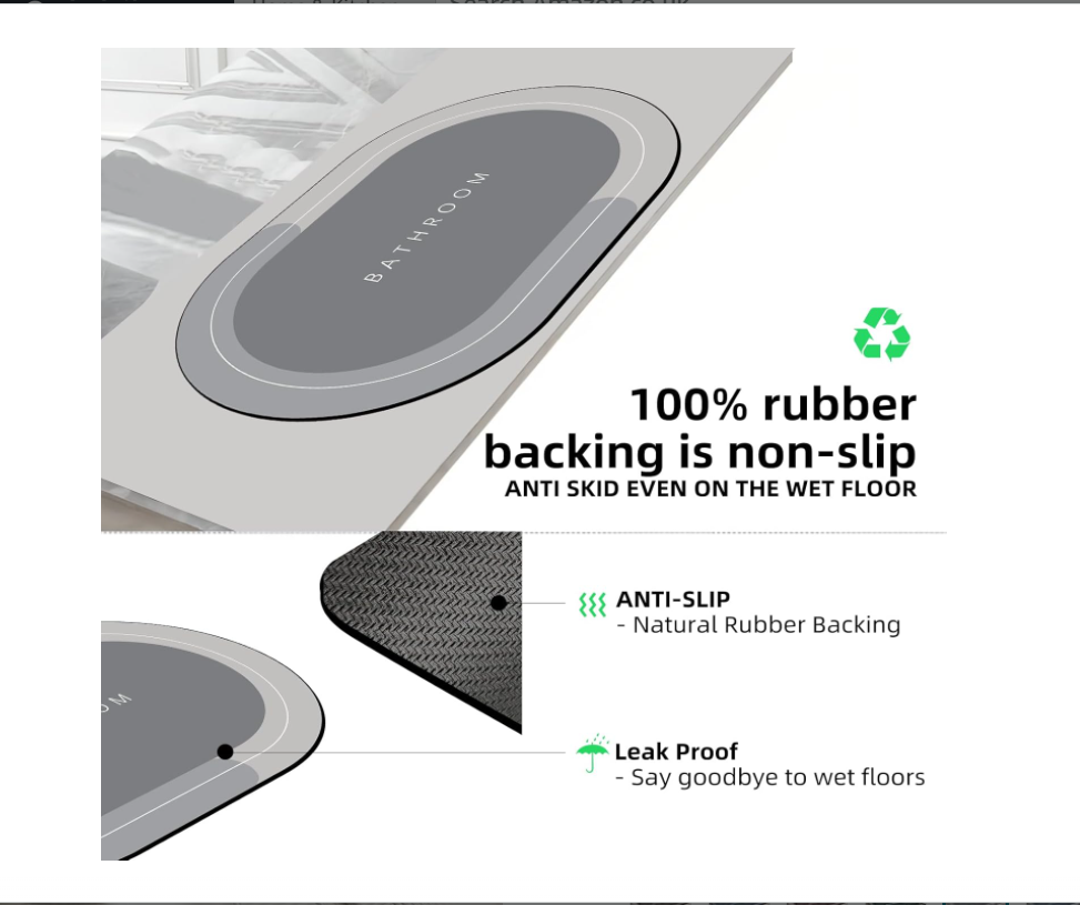 Diatomaceous Earth Bath mat Rubber Non Slip Shower mat Quick Dry Super Absorbent Bathtub mat Bath Stone Mat - Thin Bath Mats for Bathroom Floor, Tub and Fit Under Door, 19.6" x 31.4" Oval, Grey