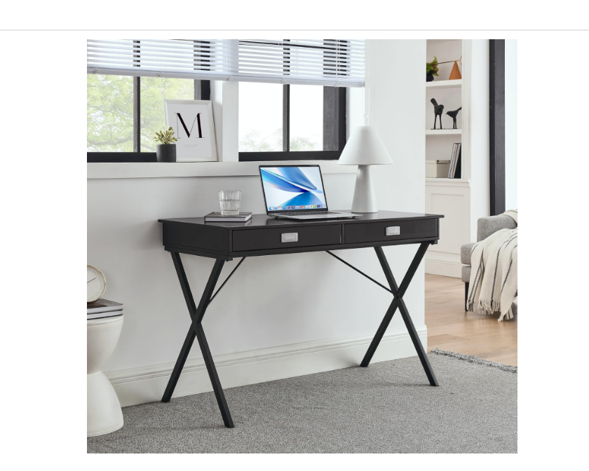 Modern Writing Desk, Unique X-Shaped Frame and Clean Line Design, MDF Desktop 2 Drawer Desk, Suitable for Home Desk, Study Desk (Black)
