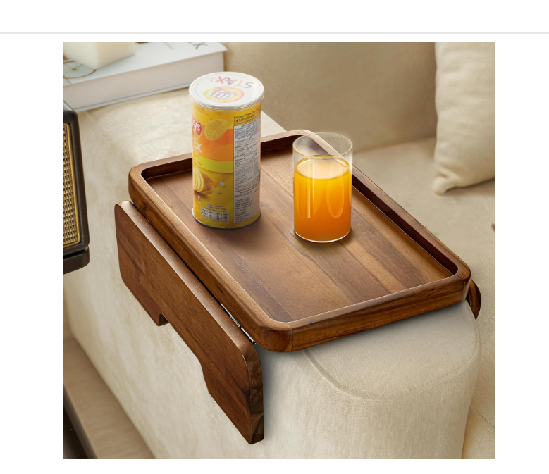 HOLANA Acacia Wood Sofa Armrest Tray -Double Hinge Sofa Arm Tray Table Clip - Couch Arm Table - Wooden Side Tables for Small Spaces for Eating and Drink (Classic, Acacia)