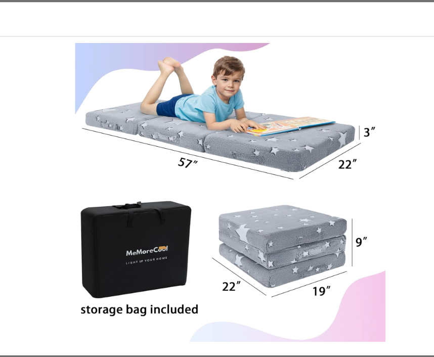 MeMoreCool Foldable Floor Mattress for Kids, Toddler Floor Nap Mat for Sleeping Daycare, Small Child Foldable Mattress Floor Bed, Trifold Futon Portable Tri Folding Mattress, Glow 57x22 Inch