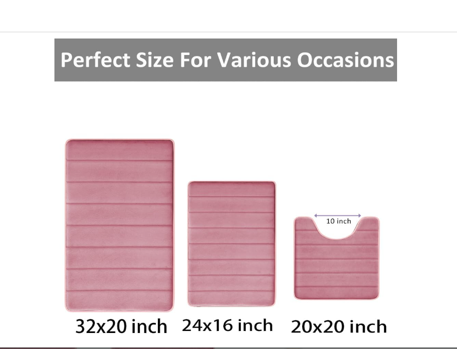 Pink Memory Foam Bath Mat Set, Bathroom Rugs for 3 Pieces, Toilet Mats, Soft Comfortable, Water Absorption, Non-Slip, Thick, Machine Washable, Easier to Dry for Floor Mats Pink Bathroom Sets