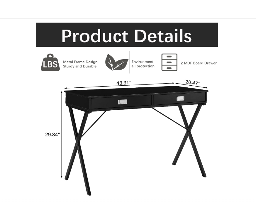 Modern Writing Desk, Unique X-Shaped Frame and Clean Line Design, MDF Desktop 2 Drawer Desk, Suitable for Home Desk, Study Desk (Black)