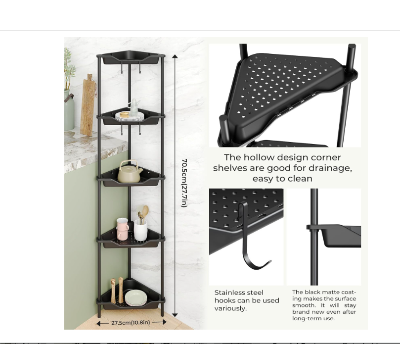 ODesign 5 Tier Floor Standing Corner Shower Caddy Organizer, Plastic Metal Floor Corner Shelf Storage Rack for Bathroom Black- Rustproof