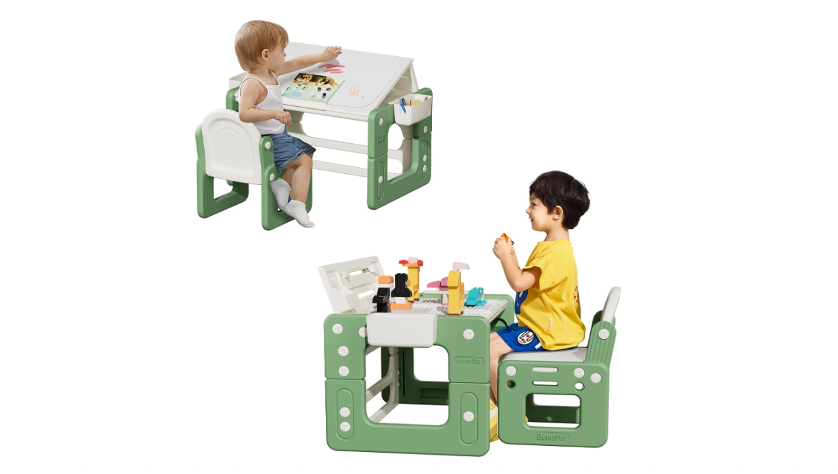 Benarita Kids Table and Chair Set, Building Block Table with Easel, 3 in 1 Multi Activity Table with Building Blocks and Storage Box, Toddler Furniture Set for Drawing Reading Green