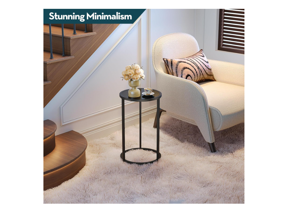 SAYGOER Small Side Table Round Glass End Table for Small Spaces Narrow Couch Night Stand Modern Bedside Table with Black Metal Frame for Bedroom Living Room, Easy Assembly