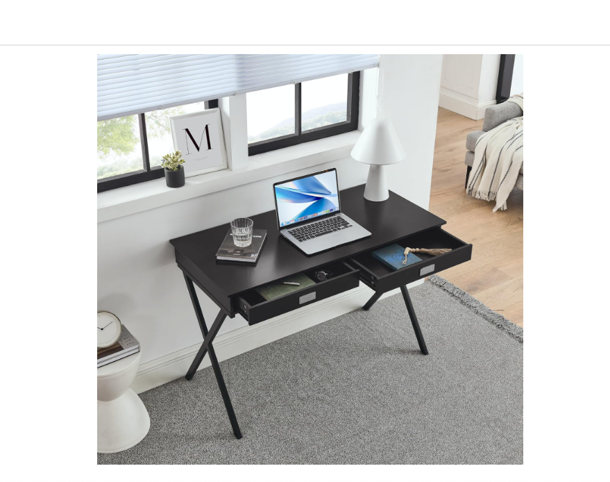 Modern Writing Desk, Unique X-Shaped Frame and Clean Line Design, MDF Desktop 2 Drawer Desk, Suitable for Home Desk, Study Desk (Black)