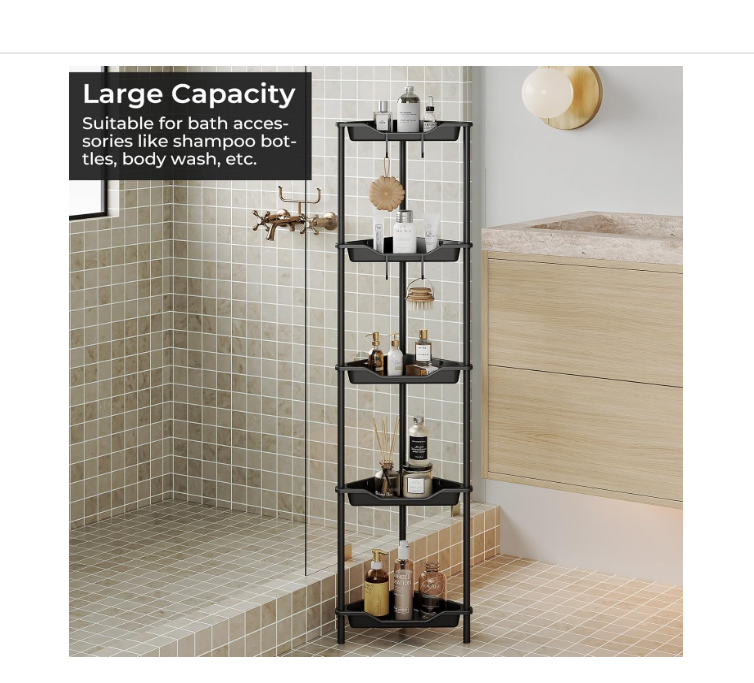 ODesign 5 Tier Floor Standing Corner Shower Caddy Organizer, Plastic Metal Floor Corner Shelf Storage Rack for Bathroom Black- Rustproof