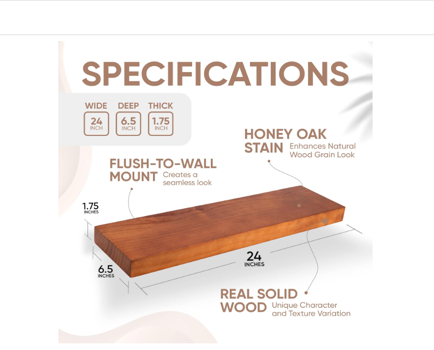 Homeforia Rustic Farmhouse Floating Shelves - Bathroom Wooden Shelves for Wall Mounted - Thick Industrial Kitchen Wood Shelf - 24 x 6.5 x 1.75 inch - Set of 2 - Honey Oak Color