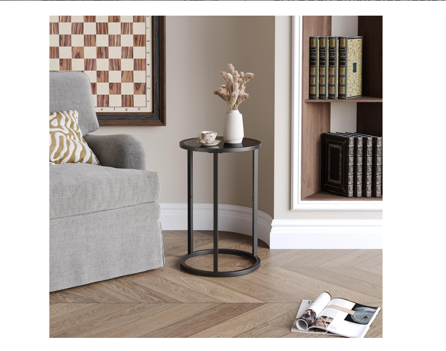 SAYGOER Small Side Table Round Glass End Table for Small Spaces Narrow Couch Night Stand Modern Bedside Table with Black Metal Frame for Bedroom Living Room, Easy Assembly