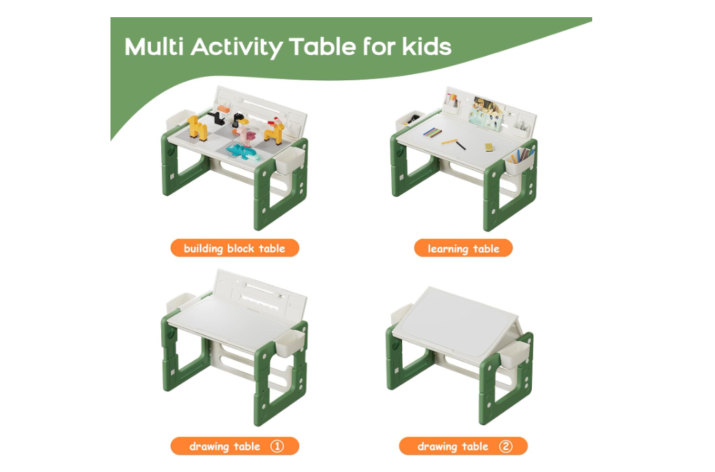 Benarita Kids Table and Chair Set, Building Block Table with Easel, 3 in 1 Multi Activity Table with Building Blocks and Storage Box, Toddler Furniture Set for Drawing Reading Green